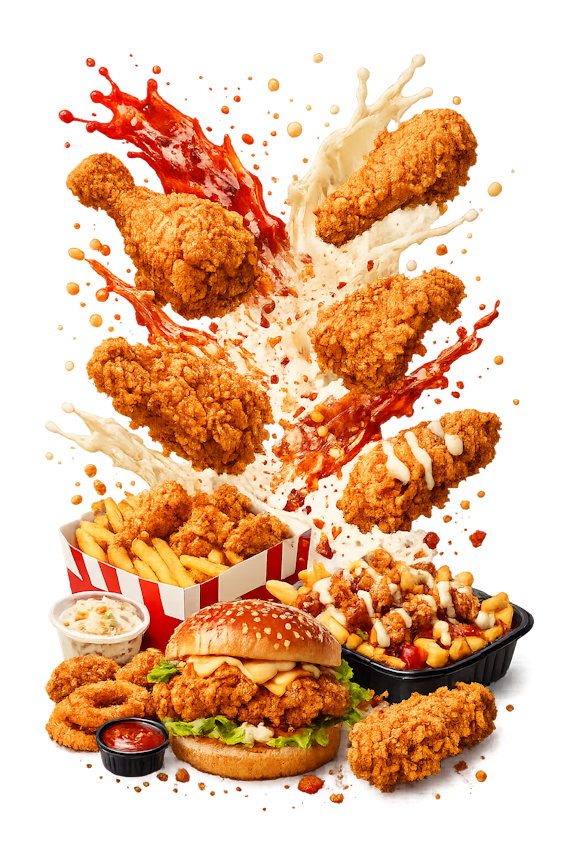fried,chicken,burger,onion rings, sauces,splash,delicious
