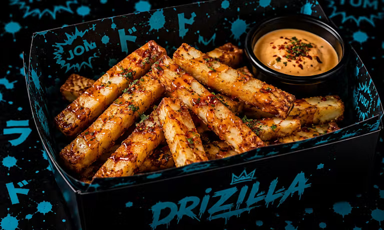 Halloumi Fries Golden halloumi fries with a crispy outside and a soft, savoury centre. Served with a delicious dipping sauce for the perfect bite.