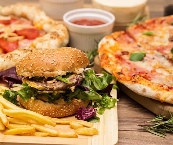 burgers and pizzas