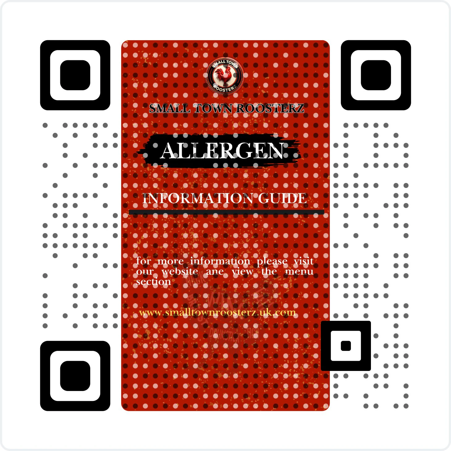 Small Town Roosterz Allergen Information Guide - Scan QR code for menu and allergen details